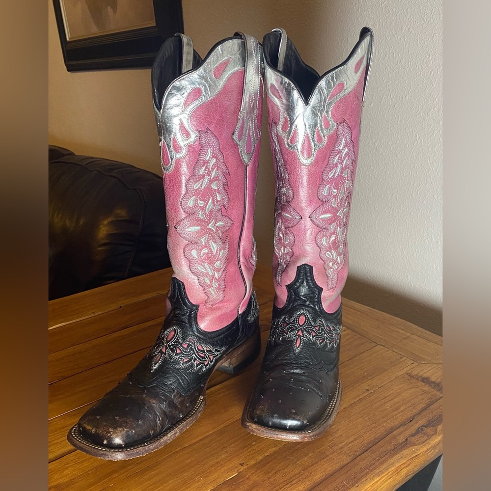 Hot pink and black worn ostrich leather toe, Lucchese western boots